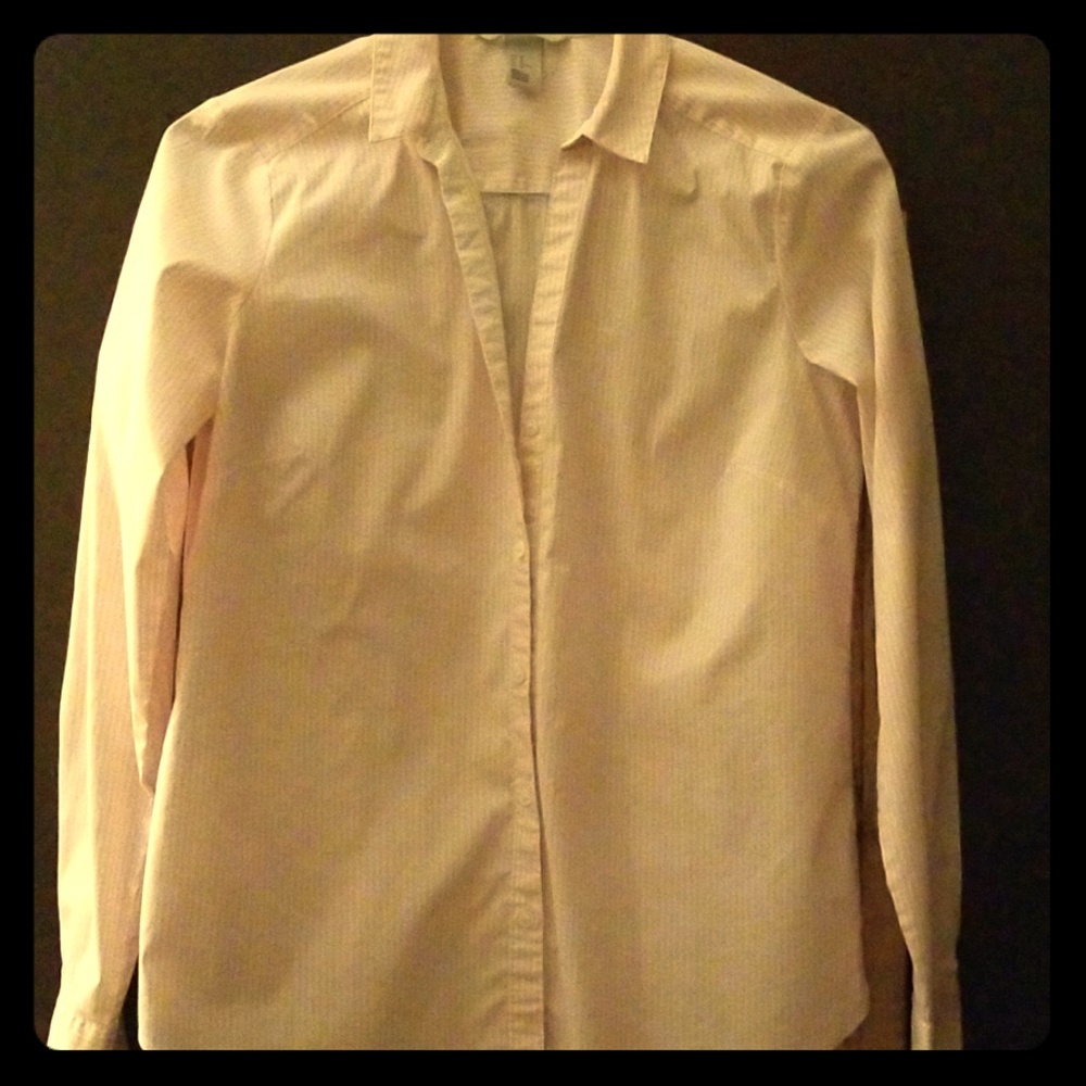 Pink and white striped button up office blouse.